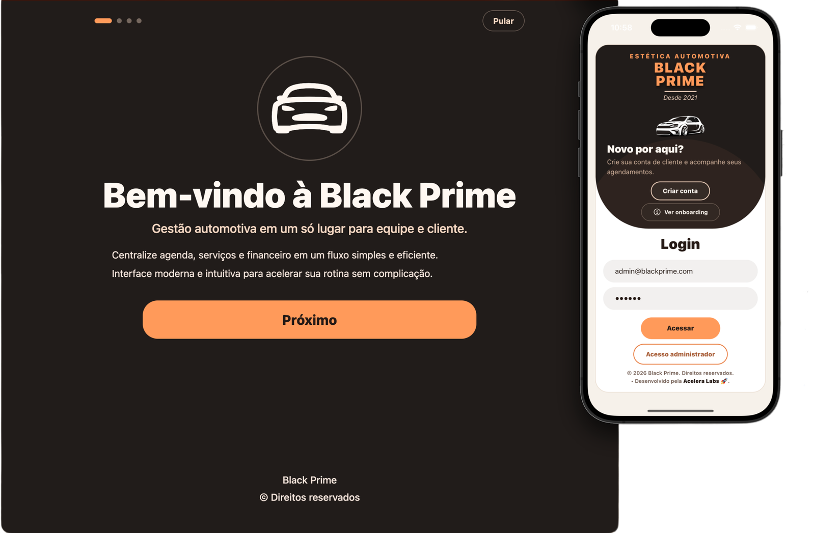 Interface mobile do app Black Prime com onboarding e login desenvolvidos pela AceleraLab